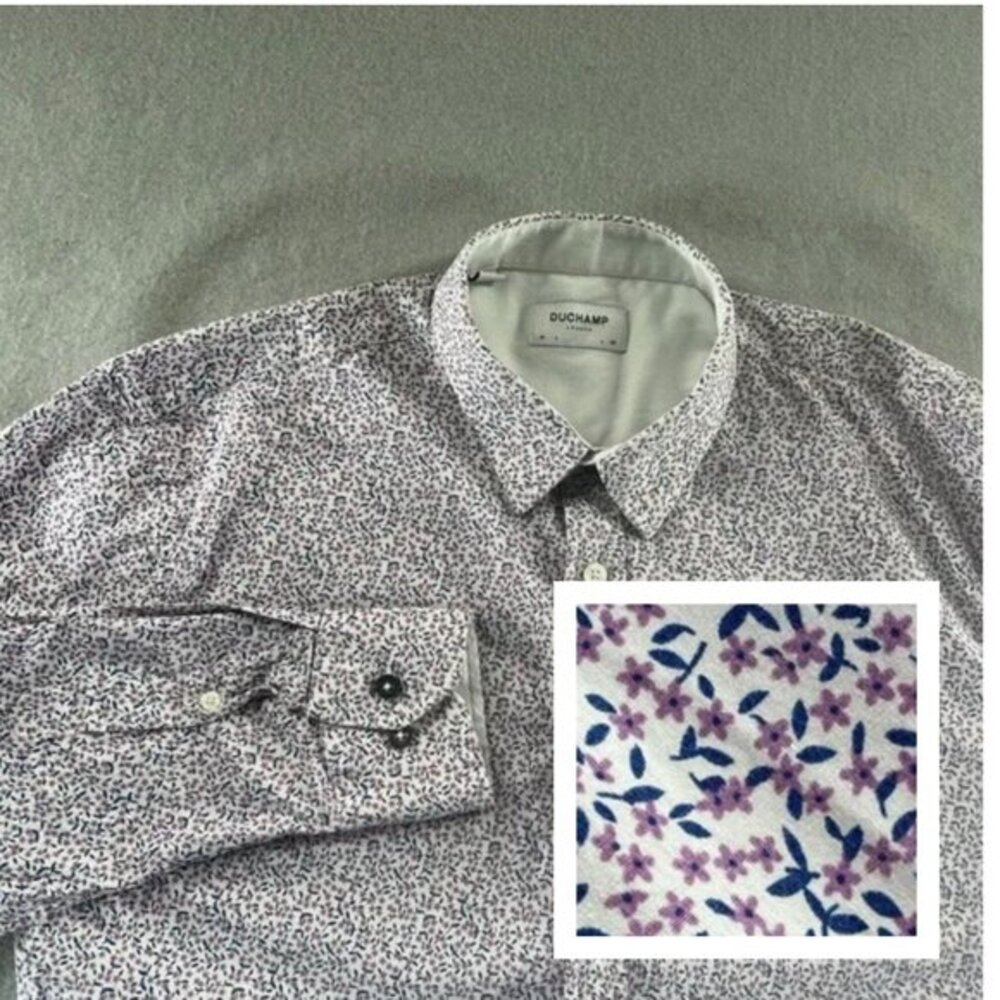 Duchamp London Shirt Mens M 41 Purple Button Up Stretch Ditsy Print Cotton